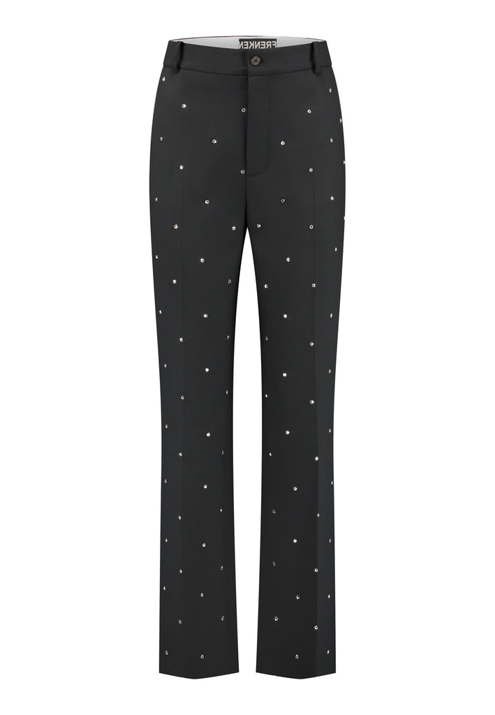 Discover unparalleled elegance with this structured bell-cut, perfectly tailored pant, adorned with striking Swarovski crystals that appear to be artfully scattered across the front. Designed by Frenken, this piece offers a slightly oversized fit, embodying a refined yet contemporary silhouette. Inspired by menswear, these trousers effortlessly blend sharp tailoring with a touch of glamour, ensuring a perfect fit and a standout addition to your wardrobe.