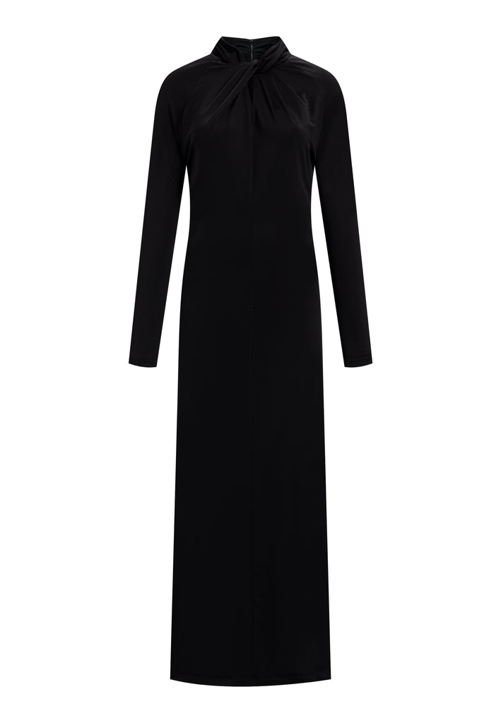 Embrace sleek sophistication with this body-hugging jersey maxi dress, designed for a smooth and comfortable fit. The artfully knotted neckline adds an elegant touch, while the body-skimming silhouette enhances your shape. Featuring a concealed side zipper that extends up to the armhole, this dress is ideal for formal occasions. For a more casual look, pair it with an oversized blazer to effortlessly transition from an evening event to a stylish daytime ensemble.