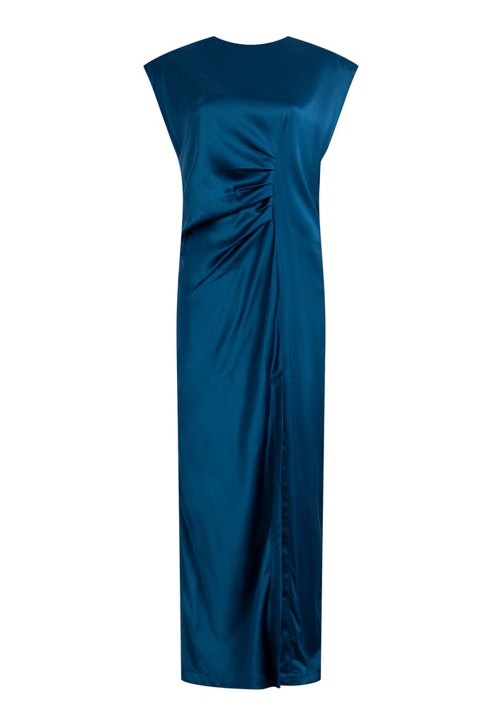 FRENKEN'S comfortable stretch-satin maxi dress is draped in a way that feels equally effortless and elegant. Raw-cut edge at the dramatically wide shoulders for a strong silhouette. Particularly long in length. Thoughtfully designed with gathered detailing, it offers a flattering fit that subtly conceals the midsection. Continue the leg-lengthening illusion of the glamorous front high-slit with point-toe pumps. Designed for a draped silhouette, cut to be worn very loose and very oversized. This dress ensure