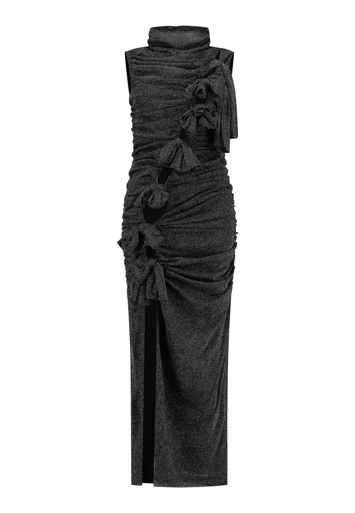 Embrace sophistication with this body-hugging jersey maxi dress. Artfully knotted all-over. Features a body-skimming silhouette.