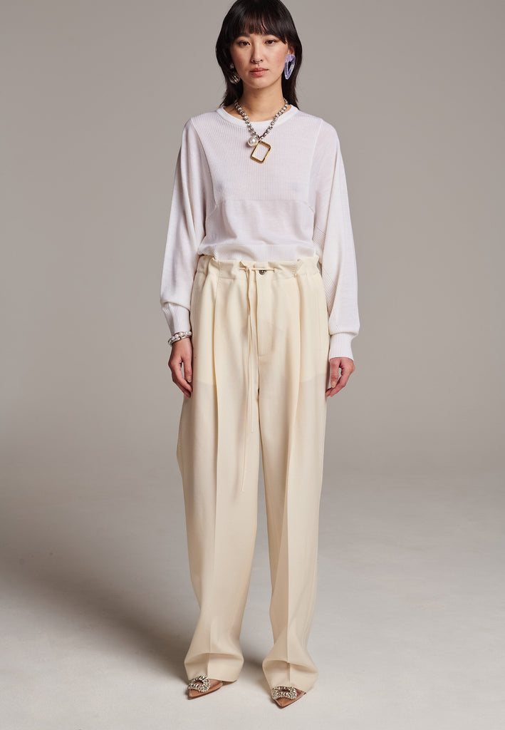 Refine your wardrobe with these straight-leg trousers, cut from a soft virgin wool. Featuring a sophisticated horn button and zip with a drawstring fastening at the waist. With a nod to the tuxedo pants, it has a fabric self-stripe with a needle point at the side seam. Complete with slanted pockets and welt back pockets, these trousers blend traditional elegance with modern functionality.