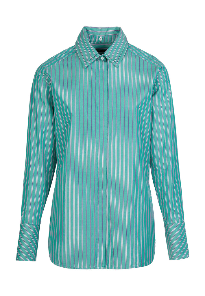 Screen Shirt with Green Navy Stripes. Shirt with double collar detachable second collar. Straight fit with round hems and slit at side seam. Model wears a size 36.