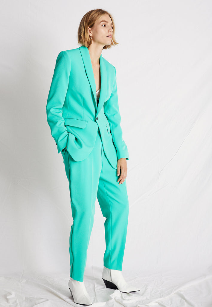 Seafoam color, pastel blazer. Classic tailored blazer made in a super easy wearing modern fabric. frenkenfashion.com