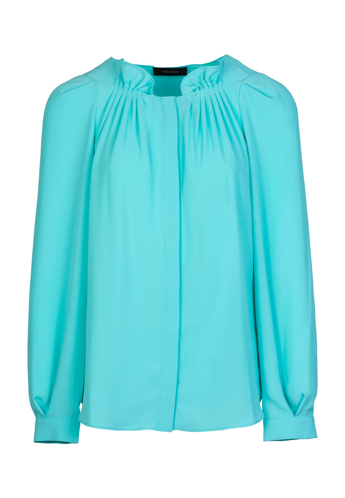 Smock top, aqua color. Relaxed fit flowy top. Detailed with smocked at the hem. 100% Polyester. www.frenkenfashion.com