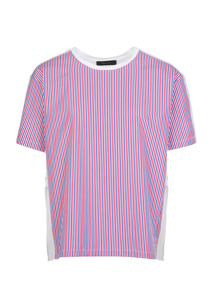 View | Top | Coral White Navy Stripe. Relaxed fit T-Shirt with three colored stripes. Poplin front panel drapey soft jersey back panel. 100% viscose