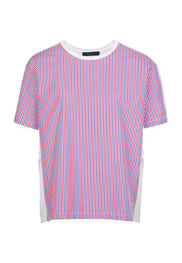 View | Top | Coral White Navy Stripe. Relaxed fit T-Shirt with three colored stripes. Poplin front panel drapey soft jersey back panel. 100% viscose