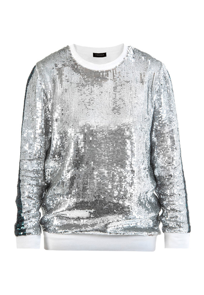 Sequin knited, silver color. Fabric: Fabric 100% Cotton, Shell: 100% Polyester. Cotton sweater with a layer of silver sequin. Detailed with sequin green stripes on the arms.