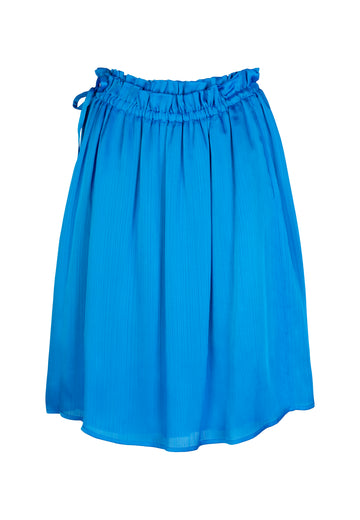 Folded skirt, azure color. Wrapped skirt in a wrinkled light satin flowy fabric. frenkenfashion.com