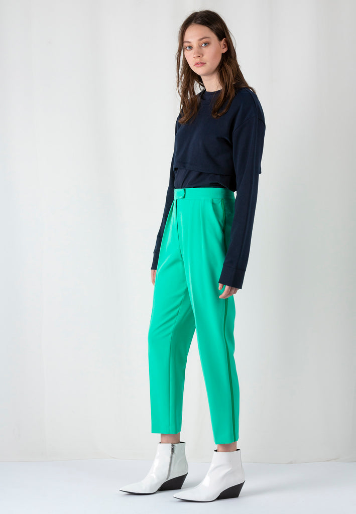 Seafoam pace pants. Relaxed fit drop crotch pants slightly cropped. Detailed with a grosgrain tape. Made from a super easy wearing modern fabric with 8% elastane. frenkenfashion.com