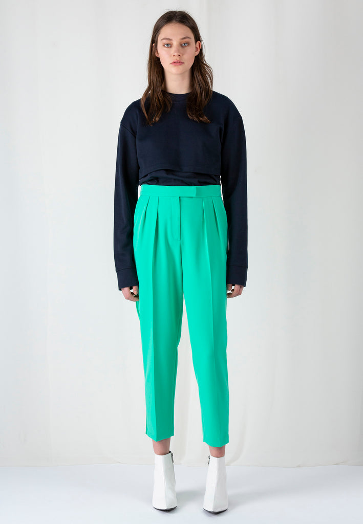 Seafoam pace pants. Relaxed fit drop crotch pants slightly cropped. Detailed with a grosgrain tape. Made from a super easy wearing modern fabric with 8% elastane. frenkenfashion.com