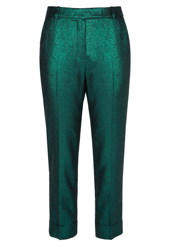 Disco | Pants | Jade Glitter. High waisted relaxed fitted slightly cropped pants. Made in a jade disco colored fabric. frenkenfashion.com