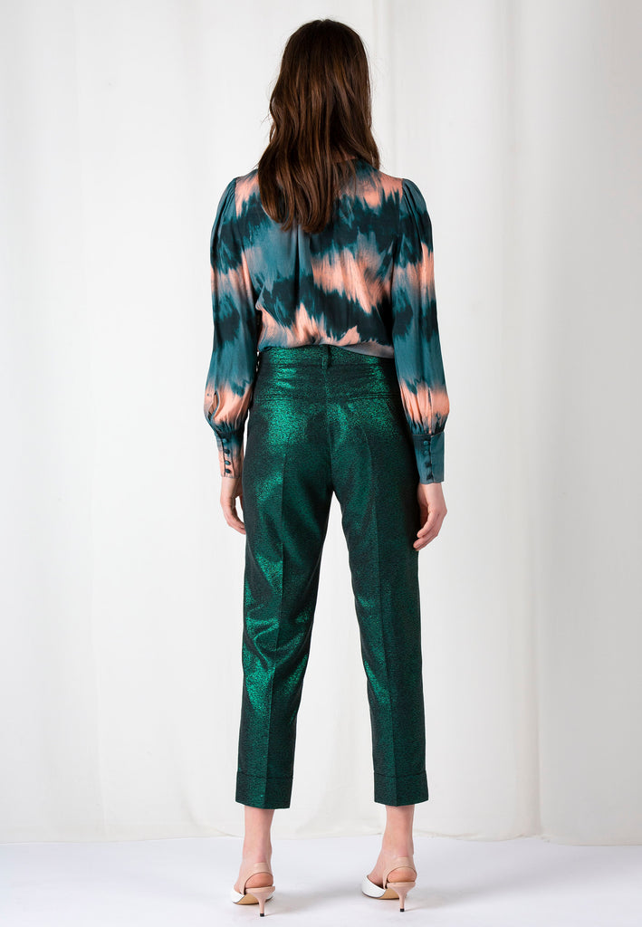 Disco | Pants | Jade Glitter. High waisted relaxed fitted slightly cropped pants. Made in a jade disco colored fabric. frenkenfashion.com