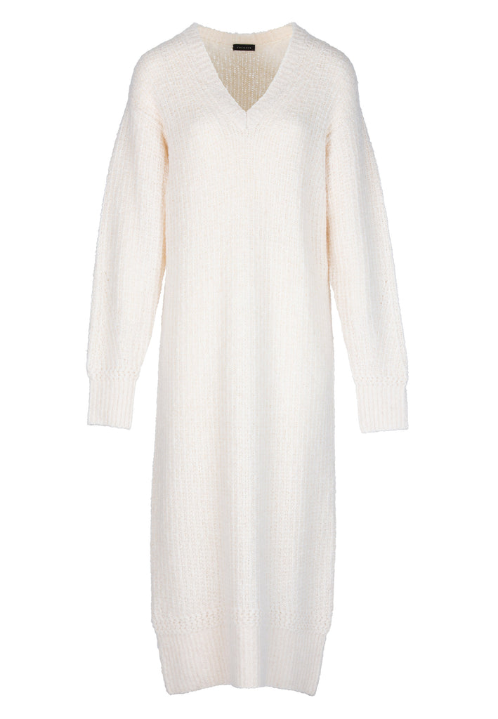 Relaxed fitted dress finely knitted from fluffy alpaca. This V-neck style is a long and great option for cooler weather.