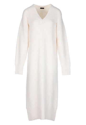 Relaxed fitted dress finely knitted from fluffy alpaca. This V-neck style is a long and great option for cooler weather.