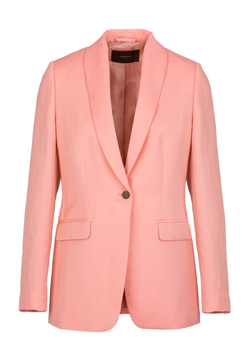 Climber rose blazer. Fabric: 64% Linen, 36% Polyamide. Relaxed fitted blazer. Expertly tailored in Portugal. Made from cotton linen satin blend with a soft hand feel. Detailed with a welt pocket with flap.