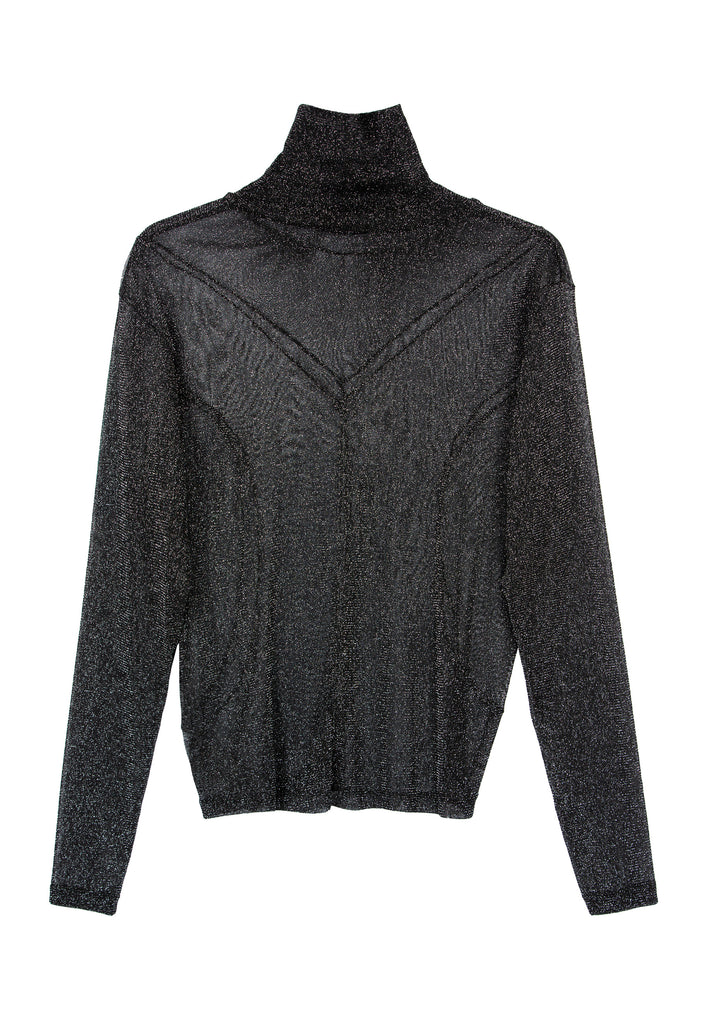 Black Top. Loose fitted turtleneck top with batwing sleeves. Made from a mesh sparkle jersey. It's detailed with black overlocked stitches. FRENKEN fashion.