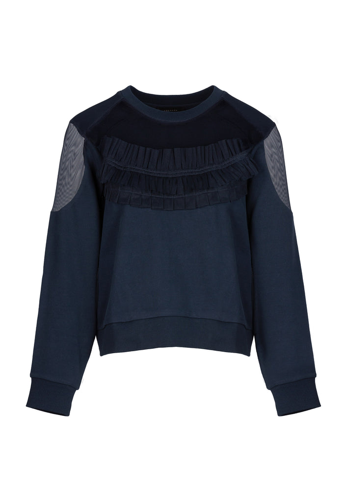 Glove | Knitted Top | Navy. Relaxed fitted sweat top. Specially detailed with mesh tulle cut out at shoulder smocked at front. frenkenfashion.com