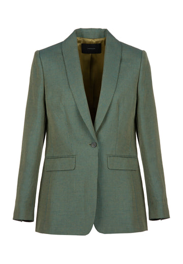 Green blazer. Fabric: 50% Cotton, 35% Viscose, 15% Wool. Made from a cotton-wool blend detailed with welt and flap pocket. Fastens with a single horn button. It has a smooth satin lining for easy layering.