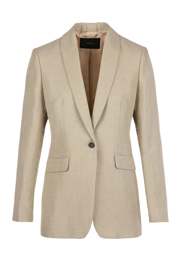 Beige blazer. Made from a cotton-wool blend detailed with welt and flap pocket. Fastens with a single horn button. It has a smooth satin lining for easy layering.