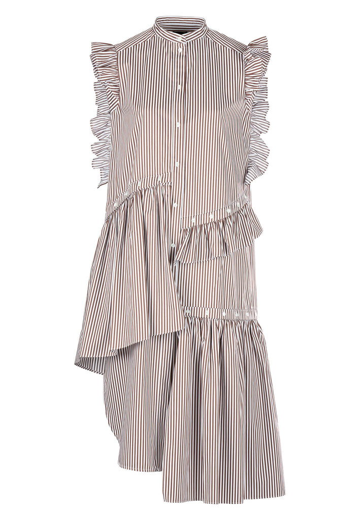 Brown stripe tire dress. 100% cotton. Stripes are to summer what knitwear is to winter. This brown striped maxi ruffle dress is to dye for. The ruffles are detachable so you can play with it and style it your way.