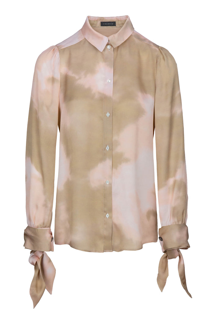 Straps | Shirt | Beige Smoke Print. Timeless slightly loose shape satin shirt is elegant and versatile, making it worthy of a place in your closet. It has subtle gathered seams at shoulder. Cut from handmade digital printed satin so it drapes beautifully. Detailed with strap ties you can knot around the cuffs.