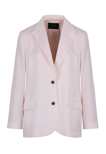 Dropped | Jacket | Pink. Oversized silhouette men's inspired blazer along with streamlined darting and classic lapels. Turn this blazer around to reveal the exaggerated split at the back with button closure. Made from viscose, it has a light lustrous pink shade.