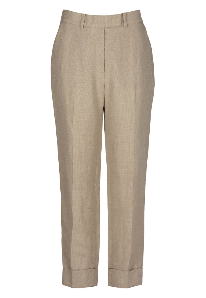 Image of fence trouser, beige color. Women clothing designed by Erik Frenken. Pants expertly tailored in Portugal. Made from a cotton-wool blend. Detailed with pleats enhanced by pressed pleats and cuff at the bottom.