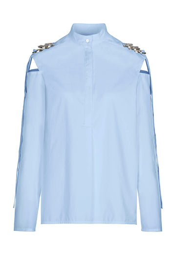 Crew | Shirt | Light Blue. Relaxed fitted shirt, detailed with a slit at shoulder adjustable with a strap that leads to metal D-ring finishing, which define the shoulder line. Fabricated in crispy cotton poplin. frenkenfashion.com