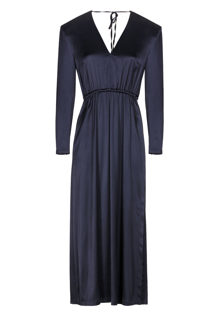 Shoulder-padded satin slim dress in navy. Features a v-neck, back and leg openings, and an elastic waistband. True to size.