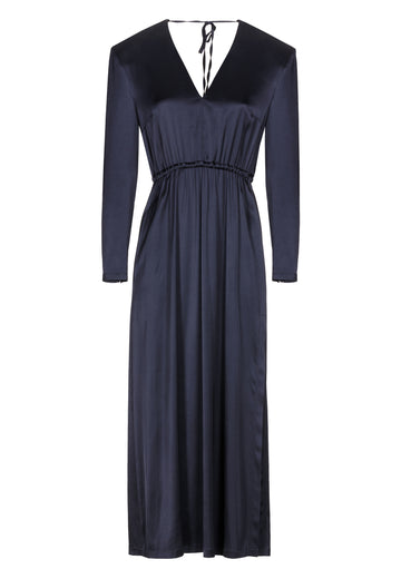 Shoulder-padded satin slim dress in navy. Features a v-neck, back and leg openings, and an elastic waistband. True to size.