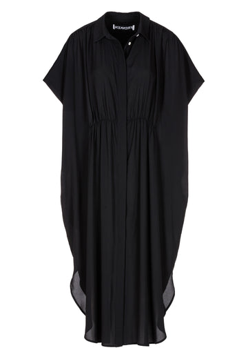 Silk midi dress in black. Features a short sleeve, front and back wrinkled effect, and an elastic waistband. Fits oversize.